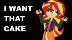 Size: 1920x1080 | Tagged: safe, artist:khuzang, sunset shimmer, pony, equestria girls, g4, 2013, angry, artifact, clothes, do you want this cake, female, harry partridge, link in description, meme, nicolas cage, nicolas cage wants cake, nostalgia, old art, parody, skirt, solo, text, triggered, wall eyed