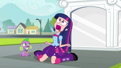 Size: 1920x1080 | Tagged: safe, color edit, edit, edited screencap, editor:mrtoonlover83, screencap, spike, twilight sparkle, dog, human, equestria girls, g4, clothes, colored, duo, female, human coloration, humanized, male, pleated skirt, skirt