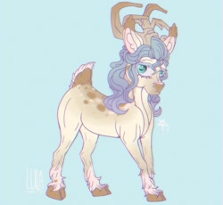 Size: 2064x1900 | Tagged: safe, artist:pegasus004, oc, oc only, oc:alabaster, deer, deer pony, hybrid, original species, antlers, blue background, cloven hooves, cyan background, deer tail, simple background, solo, tail