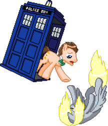 Size: 870x1005 | Tagged: safe, artist:tihan, derpy hooves, doctor whooves, time turner, earth pony, pegasus, pony, g4, doctor who, falling, female, male, manepxls, mare, open mouth, pixel art, pxls.space, reaching, simple background, stallion, tardis, transparent background