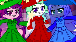 Size: 1944x1080 | Tagged: safe, artist:80ssuperstar, princess cadance, princess celestia, princess luna, human, anthro, g4, clothes, costume, disney, fairy costume, fauna (sleeping beauty), female, flora (sleeping beauty), gacha club, merryweather, sleeping beauty, trio, trio female