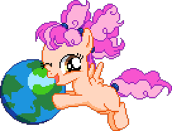 Size: 680x520 | Tagged: safe, artist:epicvon, artist:sollace, editor:pebble_, oc, oc only, unnamed oc, pegasus, pony, g4, earth, female, filly, flying, foal, looking at you, manepxls, mare, one eye closed, open mouth, pigtails, pixel art, planet, pxls.space, simple background, solo, transparent background, wink
