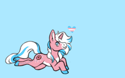 Size: 800x500 | Tagged: safe, artist:diurnalcritters, oc, oc only, oc:donut sprinkle, pony, unicorn, blue background, lying down, male, pride flag, prone, simple background, solo, stallion