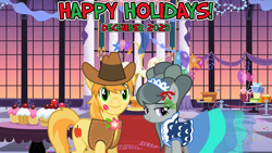 Size: 2064x1161 | Tagged: safe, anonymous artist, artist:floppychiptunes, artist:somepony, braeburn, marble pie, earth pony, pony, g4, 2023, boutonnière, braeble, canterlot, canterlot castle interior, christmas, clothes, cowboy hat, december, decoration, dress, female, gala, happy holidays, hat, hearth's warming, holiday, kiss mark, lipstick, lyrics in the description, male, mare, mistletoe, party, shipping, smiling, song in the description, stallion, straight, youtube link in the description