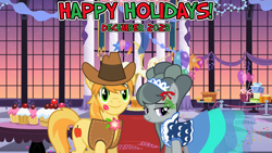 Size: 2064x1161 | Tagged: safe, anonymous artist, artist:floppychiptunes, artist:somepony, braeburn, marble pie, earth pony, pony, g4, 2023, boutonnière, canterlot, canterlot castle interior, christmas, clothes, cowboy hat, december, decoration, dress, female, gala, happy holidays, hat, hearth's warming, holiday, kiss mark, lipstick, lyrics in the description, male, mare, mistletoe, party, ship:braeble, shipping, smiling, song in the description, stallion, straight, youtube link in the description