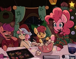 Size: 2048x1583 | Tagged: safe, artist:darkdoubloon, apple bloom, pinkie pie, scootaloo, sweetie belle, earth pony, pegasus, pony, unicorn, g4, adorabloom, batter, bow, bowl, christmas, christmas sweater, christmas tree, clothes, cute, cutealoo, cutie mark crusaders, diapinkes, diasweetes, female, filly, foal, food, gingerbread (food), hair bow, hat, hearth's warming, holiday, implied rarity, implied twilight sparkle, mare, mixer, open mouth, salt shaker, santa hat, smiling, snow, sweater, tongue out, tree, winter