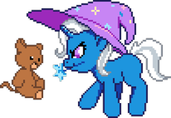 Size: 1030x710 | Tagged: source needed, useless source url, safe, artist:dstears, artist:epicvon, editor:pebble_, trixie, pony, unicorn, g4, female, filly, filly trixie, foal, manepxls, mare, mouth hold, pixel art, plushie, profile, pxls.space, simple background, solo, teddy bear, transparent background, wand, younger