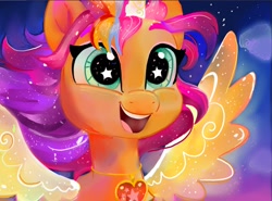 Size: 2012x1492 | Tagged: safe, artist:swirlmlp69768, sunny starscout, alicorn, pony, g5, artificial horn, artificial wings, augmented, bust, cute, female, glowing, glowing horn, glowing wings, happy, heart locket, horn, locket, magic, magic horn, magic wings, mane stripe sunny, mare, open mouth, open smile, race swap, rainbow of light, smiling, solo, spread wings, starry eyes, sunnybetes, sunnycorn, three quarter view, windswept mane, wingding eyes, wings