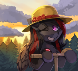 Size: 2223x2048 | Tagged: safe, artist:freak-side, oc, oc only, pegasus, forest, hat, high res, nature, one eye closed, solo, tree