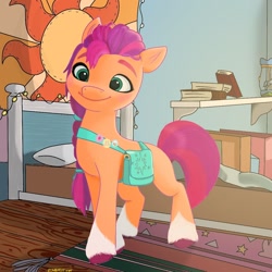 Size: 1080x1080 | Tagged: safe, artist:starburstuwu, sunny starscout, earth pony, pony, g5, my little pony: a new generation, spoiler:my little pony: a new generation, bag, bed, bedroom, book, bookshelf, braid, colored hooves, female, indoors, lantern, mare, messenger bag, pillow, pin, princess celestia's cutie mark, scene interpretation, smiling, solo, standing, string lights, sunny starscout's bedroom, three quarter view, unshorn fetlocks