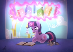 Size: 2048x1448 | Tagged: safe, artist:a_llywings, smarty pants, twilight sparkle, pony, unicorn, g4, book, canterlot, cute, female, filly, filly twilight sparkle, magic, reading, telekinesis, tongue out, twiabetes, twilight's canterlot home, unicorn twilight, window, younger