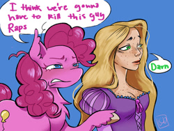 Size: 827x621 | Tagged: safe, artist:ian-celot, pinkie pie, earth pony, human, pony, g4, boob freckles, breasts, chest freckles, disney, disney princess, female, freckles, i think we're gonna have to kill this guy, meme, rapunzel, tangled (disney)