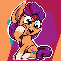 Size: 2048x2048 | Tagged: safe, artist:vcustomguitars, sunny starscout, earth pony, pony, g5, abstract background, braid, chibi, coat markings, eye clipping through hair, female, high res, hoof on cheek, open mouth, open smile, outline, raised hoof, sitting, smiling, socks (coat markings), solo, starry eyes, teeth, turned head, white outline, wingding eyes