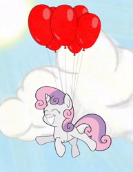 Size: 1583x2048 | Tagged: safe, artist:vcustomguitars, sweetie belle, pony, unicorn, g4, balloon, cloud, cute, diasweetes, eyes closed, floating, grin, smiling, solo, then watch her balloons lift her up to the sky