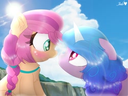 Size: 2000x1500 | Tagged: safe, artist:jadebreeze115, izzy moonbow, sunny starscout, earth pony, pony, unicorn, g5, blushing, braid, chest fluff, day, duo, ear fluff, eye contact, female, floppy ears, lens flare, lesbian, looking at each other, looking at someone, mare, open mouth, outdoors, profile, ship:moonscout, shipping