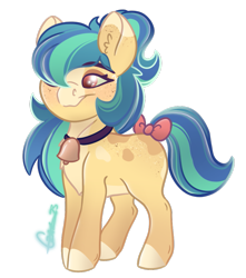 Size: 959x1087 | Tagged: safe, artist:trashpanda czar, oc, oc only, oc:cassiopeia, earth pony, pony, bell, bow, long mane, simple background, solo, tail, tail bow, transparent background