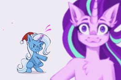 Size: 1202x800 | Tagged: safe, artist:buvanybu, starlight glimmer, trixie, pony, unicorn, semi-anthro, g4, :3, >:3, animated, arm hooves, bipedal, chest fluff, christmas, dancing, ear fluff, gif, hat, holiday, human shoulders, looking at you, magic, out of focus, santa hat