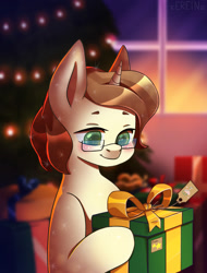 Size: 1522x2000 | Tagged: safe, alternate character, alternate version, artist:erein, oc, oc only, oc:shinary, crystal pony, pony, unicorn, blushing, brown mane, bust, chibi, christmas, christmas lights, christmas presents, christmas tree, commission, crystal pony oc, cute, ears up, garland, glasses, holiday, horn, icon, indoors, male, portrait, present, room, smiling, solo, string lights, tree, unicorn oc, window, wings, ych result