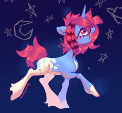 Size: 2143x1995 | Tagged: safe, artist:bishopony, oc, oc only, pony, unicorn, blue background, blush scribble, blushing, coat markings, glasses, looking up, open mouth, open smile, simple background, smiling, solo, standing on two hooves