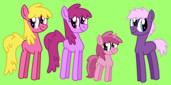 Size: 1385x692 | Tagged: safe, artist:katiesworldofponies36, berry punch, berryshine, cherry berry, ruby pinch, welch, earth pony, pony, unicorn, series:my little filly: friendship is magic, g4, adult blank flank, aunt, aunt and niece, background pony, berrybetes, blank flank, cherrybetes, cute, daughter, family, father, father and child, father and daughter, female, filly, foal, green background, headcanon, male, mare, mother, mother and child, mother and daughter, mother and father, ms paint, pinchybetes, simple background, smiling, stallion, welchabetes