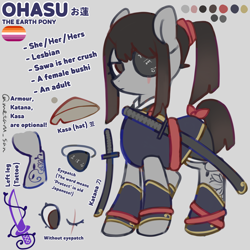 Size: 4096x4096 | Tagged: safe, artist:metaruscarlet, oc, oc only, oc:ohasu, earth pony, pony, armor, bow, brown eyes, clothes, color palette, earth pony oc, english, eye scar, eyepatch, facial scar, female, gray background, japanese, kanji, katana, kimono (clothing), leg tattoo, lesbian pride flag, lidded eyes, mare, ponytail, pride, pride flag, pronouns, reference sheet, ribbon, scar, simple background, standing, sword, tail, tail bow, tattoo, weapon