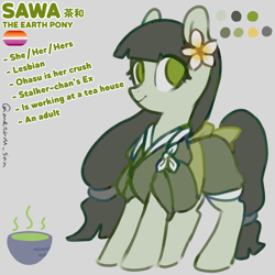 Size: 4096x4096 | Tagged: safe, artist:metaruscarlet, oc, oc only, oc:sawa (ice1517), earth pony, pony, clothes, color palette, earth pony oc, english, female, flower, flower on ear, gray background, green eyes, japanese, kanji, kimono (clothing), lesbian pride flag, mare, ponytail, pride, pride flag, reference sheet, simple background, solo