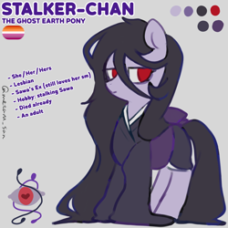 Size: 4096x4096 | Tagged: safe, artist:metaruscarlet, oc, oc only, oc:stalker-chan, earth pony, pony, clothes, color palette, dead, earth pony oc, english, female, gray background, kimono (clothing), lesbian pride flag, lidded eyes, mare, pride, pride flag, pronouns, red eyes, reference sheet, simple background, solo, standing