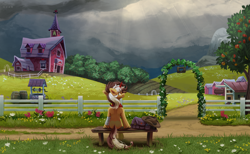 Size: 3400x2100 | Tagged: safe, artist:teaflower300, oc, oc only, unicorn, semi-anthro, apple, apple tree, applejack's barn, barrel, bench, cloud, cloudy, commission, cowboy hat, crepuscular rays, facing away, fence, flower, hat, high res, human shoulders, humanoid torso, overcast, scenery, scenery porn, sitting, solo, sweet apple acres, tree, well