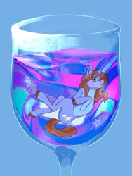Size: 700x933 | Tagged: source needed, safe, artist:mavro etis, oc, oc only, oc:sertpony, earth pony, pony, air bubble, blue background, bubble, commission, concave belly, cup, cup of pony, glass, hooves to the chest, lying down, micro, on back, simple background, slender, solo, submerged, thin, turned head, underwater, unshorn fetlocks, water, ych result