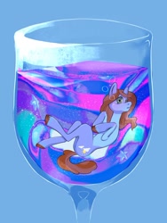 Size: 700x933 | Tagged: source needed, safe, artist:mavro etis, oc, oc only, oc:sertpony, earth pony, pony, air bubble, blue background, bubble, commission, concave belly, cup, cup of pony, female, flowing mane, flowing tail, glass, hooves to the chest, lying down, mare, micro, on back, simple background, slender, solo, submerged, swimming, tail, thin, turned head, underwater, unshorn fetlocks, water, ych result