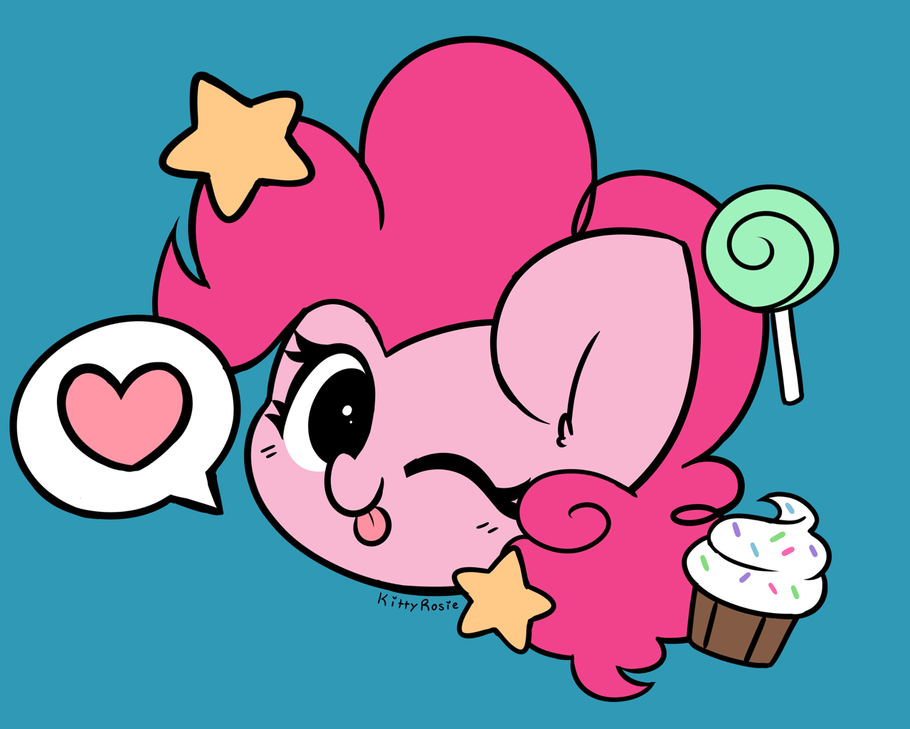 [candy,cupcake,cute,earth pony,female,food,g4,heart,high res,lollipop,looking at you,mare,pinkie pie,pony,safe,simple background,solo,stars,wink,tongue out,one eye closed,diapinkes,blue background,;p,artist:kittyrosie,winking at you]