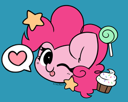 Size: 3050x2442 | Tagged: safe, artist:kittyrosie, pinkie pie, earth pony, pony, g4, ;p, blue background, candy, cupcake, cute, diapinkes, female, food, heart, high res, lollipop, looking at you, mare, one eye closed, simple background, solo, stars, tongue out, wink, winking at you