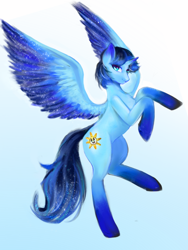 Size: 2062x2739 | Tagged: artist needed, source needed, safe, oc, oc only, oc:blue thunder, alicorn, pony, alicorn oc, flying, gradient background, hero, high res, horn, legendary, majestic, pose, solo, wings