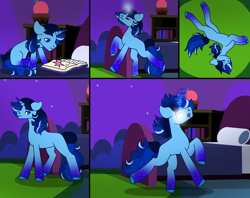 Size: 2406x1905 | Tagged: source needed, safe, artist:faetria, oc, oc:blue thunder, pony, unicorn, bed, concave belly, learning, magic, reading, solo