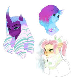 Size: 2518x2741 | Tagged: safe, artist:aztrial, misty brightdawn, opaline arcana, posey bloom, alicorn, earth pony, pony, unicorn, anthro, g5, blushing, bow, breath, bust, clothes, coat, cold, curved horn, eyeshadow, female, freckles, gloves, grin, hair bow, high res, horn, jewelry, light skin, looking away, makeup, mare, mittens, necklace, open mouth, ponytail, portrait, rebirth misty, ringlets, shivering, simple background, smiling, three quarter view, trio, turned head, twilight sparkle (alicorn), white background, winter outfit