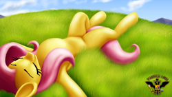 Size: 7680x4320 | Tagged: safe, artist:tsaritsaluna, fluttershy, pegasus, pony, g4, absurd file size, absurd resolution, belly, colored, concave belly, day, eyebrows, eyelashes, eyes closed, female, folded wings, grass, grass field, lying down, mare, on back, outdoors, shading, sky, smiling, solo, wings