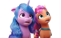Size: 1280x800 | Tagged: safe, edit, edited screencap, editor:dracoawesomeness, screencap, izzy moonbow, sunny starscout, earth pony, pony, unicorn, g5, my little pony: a new generation, spoiler:my little pony: a new generation, background removed, duo, duo female, female, not a vector, simple background, transparent background