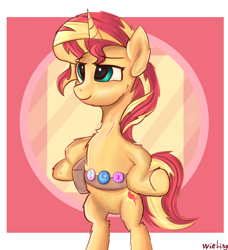 Size: 2100x2300 | Tagged: safe, sunset shimmer, pony, unicorn, equestria girls, g4, mirror magic, spoiler:eqg specials, abstract background, bipedal, chest fluff, eyebrows, eyebrows visible through hair, high res, passepartout, simple background, smiling, solo, starlight glimmer's cutie mark, trixie's cutie mark, twilight sparkle's cutie mark