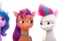 Size: 1280x800 | Tagged: safe, edit, edited screencap, editor:dracoawesomeness, screencap, izzy moonbow, sunny starscout, zipp storm, earth pony, pegasus, pony, unicorn, g5, background removed, episode needed, female, looking at each other, looking at someone, mare, not a vector, simple background, transparent background, trio
