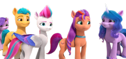 Size: 1280x600 | Tagged: safe, edit, edited screencap, editor:dracoawesomeness, screencap, hitch trailblazer, izzy moonbow, pipp petals, sunny starscout, zipp storm, earth pony, pegasus, pony, unicorn, g5, my little pony: make your mark, my little pony: make your mark chapter 1, background removed, bracelet, female, folded wings, jewelry, male, mane five, mare, royal sisters (g5), royalty, siblings, simple background, sisters, smiling, stallion, transparent background, unshorn fetlocks, wings