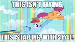 Size: 888x499 | Tagged: safe, edit, edited screencap, screencap, rainbow dash, scootaloo, pegasus, pony, g4, sleepless in ponyville, buzz lightyear, caption, cloud, duo, female, filly, flying, foal, image macro, mare, meme, parody, rainbow falls (location), rainbow waterfall, reference, reference in the description, scene parody, scootalove, siblings, sisters, text, toy story, woody