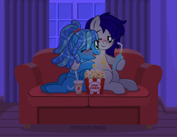 Size: 1100x853 | Tagged: safe, artist:jennieoo, oc, oc:maverick, oc:ocean soul, earth pony, pegasus, pony, blushing, bottle, couch, couple, cute, female, happy, hug, lovers, male, movie night, night, one eye closed, patreon, patreon reward, ponytail, room, show accurate, soda, soda bottle, soulverick, story, story included, straight, vector, water mane, wink