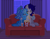 Size: 1100x853 | Tagged: safe, artist:jennieoo, oc, oc:maverick, oc:ocean soul, earth pony, pegasus, pony, blushing, bottle, couch, couple, cute, female, happy, hug, lovers, male, movie night, night, one eye closed, patreon, patreon reward, ponytail, room, show accurate, soda, soda bottle, soulverick, story, story included, straight, vector, water mane, wink