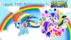 Size: 1920x1080 | Tagged: safe, artist:user15432, rainbow dash, pegasus, pony, anniversary, female, male, rainbow, rainbow power, sega, sonic colors, sonic the hedgehog, sonic the hedgehog (series)