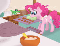 Size: 3300x2550 | Tagged: safe, artist:cadetredshirt, gummy, pinkie pie, alligator, earth pony, pony, g4, alternate hairstyle, apron, bakery, baking, bowl, christmas, christmas tree, clothes, concentrating, cookie, digital art, food, gingerbread (food), hair bun, high res, holiday, jar, messy, mixing bowl, mouth hold, oven, oven mitts, pan, solo, stove, tree