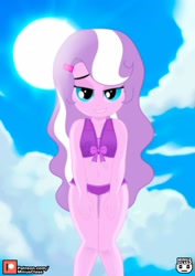 Size: 1131x1600 | Tagged: safe, artist:minusclass, part of a set, diamond tiara, human, equestria girls, g4, 2d, belly button, breasts, clothes, cloud, eyeshadow, female, hairclip, legs, lidded eyes, looking at you, looking down, looking down at you, loose hair, makeup, midriff, outdoors, patreon, patreon logo, ribbon, ribbon bikini, sky, smiling, smug, solo, sun, swimsuit