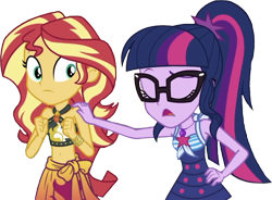 Size: 3417x2520 | Tagged: safe, edit, edited screencap, editor:homersimpson1983, screencap, sci-twi, sunset shimmer, twilight sparkle, human, equestria girls, equestria girls series, g4, unsolved selfie mysteries, background removed, belly, belly button, bikini, clothes, duo, female, hand on shoulder, high res, midriff, not a vector, one-piece swimsuit, sarong, sci-twi swimsuit, simple background, swimsuit, transparent background