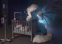 Size: 3508x2500 | Tagged: safe, artist:trickate, oc, oc only, oc:nightingale, bat pony, pegasus, pony, bat wings, chest fluff, crib, cute, female, foal, high res, hospital, lullaby, mare, not roseluck, nursery, poster, singing, wings