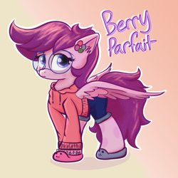 Size: 1350x1350 | Tagged: safe, artist:jade0, oc, oc only, oc:berry parfait, pegasus, pony, clothes, cute, female, glasses, gradient background, hoodie, meganekko, pegasus oc, slippers, solo, sweater