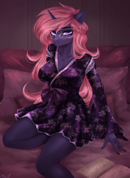 Size: 1920x2624 | Tagged: safe, artist:alicesmitt31, oc, oc only, unicorn, anthro, anthro oc, bed, book, clothes, female, glasses, horn, looking at you, on bed, pillow, robe, sitting, solo, unicorn oc